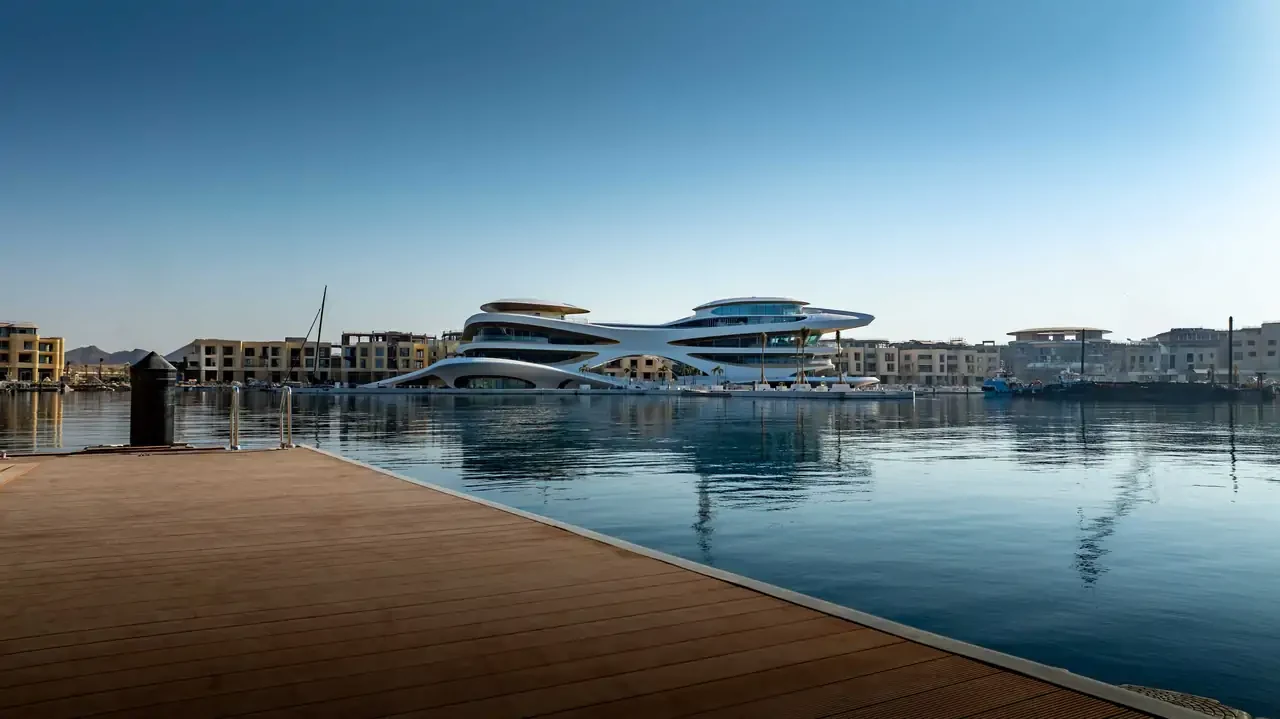 AMAALA Yacht Club across the water from the marina pontoons
